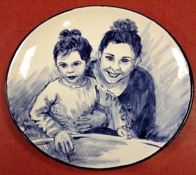 Hand-painted portrait plate of a mother and child